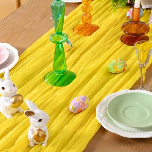 DeZerlor Lemon Yellow Cheesecloth Table Runners 4 Pack Summer Boho Runners - Image 2