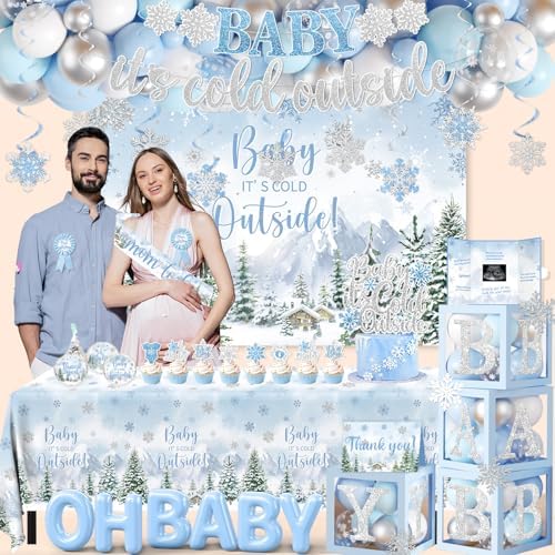 Baby It’s Cold Outside Baby Shower Decorations, Blue Winter Baby Shower Decorations for Boy Winter Woodland Tablecloth Banner Backdrop Balloon Box Cupcake Topper Hanging Swirl for Boy Gender Reveal - Image 4