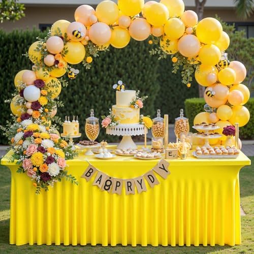 4 Pack Yellow Spandex Tablecloths for 8 Foot Rectangle Tables, Wrinkle Free Lemon Fitted Tablecover 8ft Stretchy Table Clothes with Skirt for Weddings Birthday Party Banquet Baby Shower - Image 5