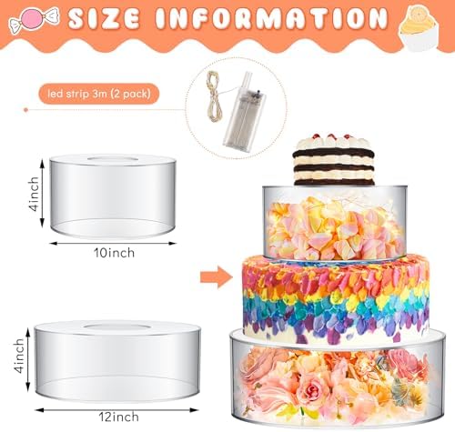 Sunnyray 2 Pcs Acrylic Cake Stands for Dessert Table Clear Fillable Cake Riser Cupcake Tier with LED Strings for Birthday Wedding Holiday Party Display(10'', 12'') - Image 2