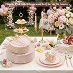DaYammi 150Pcs Pink Plastic Plates with Gold Rim,Elegant Disposable Dinnerware with Gold Cutlery - 30 Dinner Plate,30 Dessert Plate,30 Knives,30 Forks,30 Spoons,Fancy Pink Plates for Party Wedding - Image 4
