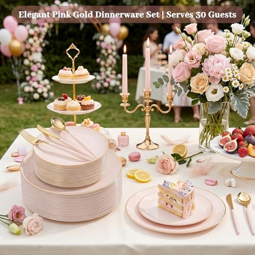 DaYammi 150Pcs Pink Plastic Plates with Gold Rim,Elegant Disposable Dinnerware with Gold Cutlery - 30 Dinner Plate,30 Dessert Plate,30 Knives,30 Forks,30 Spoons,Fancy Pink Plates for Party Wedding - Image 4