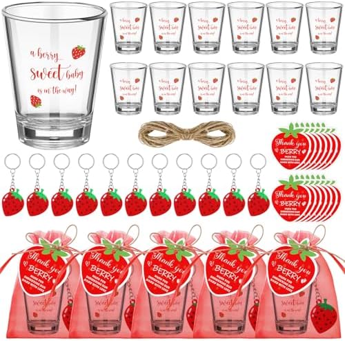 Roshtia 36 Set Strawberry Baby Shower Favors for Guests Clear Acrylic Shot Glasses Thank You Tags Keychains Organza Bags Strawberry Party Supplies for Girl Gender Reveal Favor by Roshtia