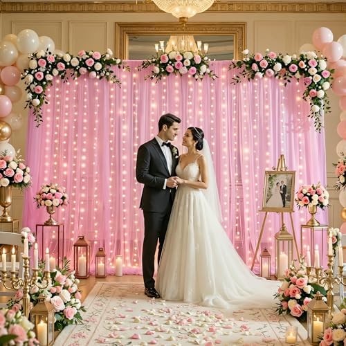 10ft×15ft Pink Tulle Backdrop Curtains with Lights String for Parites Pink Sheer Backdrop Curtains for Baby Shower Girls Birthday Party Wedding Bridal Shower Photo Shoot Background 2 Panels 5×15ft - Image 2