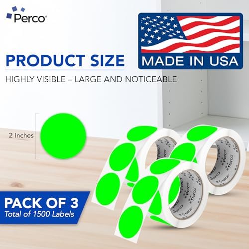 Perco Neon Green Perforated Round Circle Dot Sticker 2-Inch Labels — 3 Rolls, 1,500 Stickers - in Stock, Ready & Promo Labels, High Visibility, Strong Adhesive—Made in USA - Image 2
