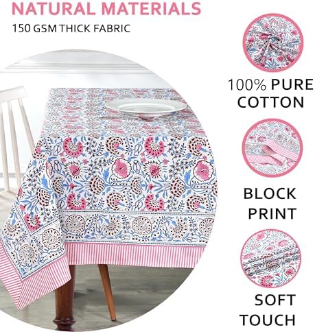Ridhi Pigeon Blue Hand Block Print Cotton Rectangle Tablecloth 118 x 70 inch-Reusable Table Cover Decorative Everyday Use for Dining Room, Farmhouse, Thanksgiving, Christmas Wedding, Fall - Image 4