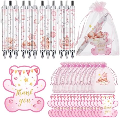 Chuangdi 50 Sets Baby Shower Favors Gifts for Guests Includes 50 Pcs Ballpoint Pens, Thank You Cards and Organza Bags(Pink Bear) by CelebrateEveryMoment