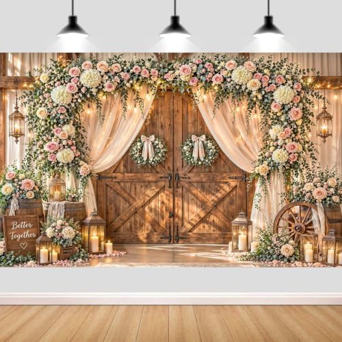 20x10ft Rustic Wedding Backdrop Floral Wooden Barn Door Photo Background by JAWO
