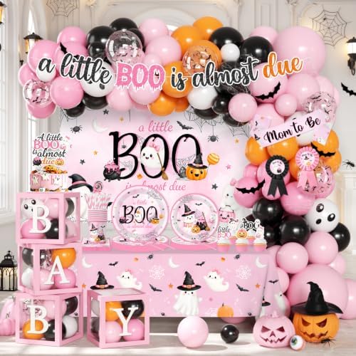 A Little Boo Is Almost Due Baby Shower Decorations - Pink Halloween Baby Shower Decorations for Girl Includes Plates,Napkins,Banner,Balloon Arch for Halloween Birthday Party by Unknown