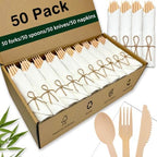 Pre Rolled Bamboo Silverware Set with Napkins - 50 Pack Bamboo Utensils by Unknown