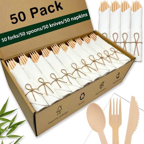 Pre Rolled Bamboo Silverware Set with Napkins - 50 Pack Bamboo Utensils by Unknown
