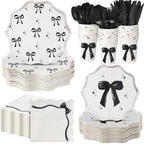 Ziliny 350 Pcs Bow Black Party Supplies Tableware Set Disposable 9'' 7'' Paper Plates 9 oz Cups Cutlery Napkins Dinnerware Set for 1st Birthday, Serve 50 (Bow, Black) by Ziliny