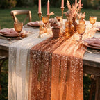 Artoid Mode 6PC Beige Caramel Orange Gauze Table Runner 120 Inch 10FT, Glitter Metallic Foil Sheer for Wedding Anniversary Holiday Birthday Home Party Decor - Image 6
