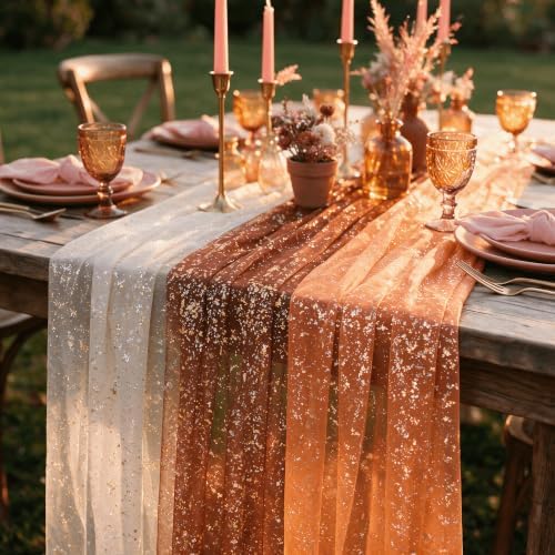 Artoid Mode 6PC Beige Caramel Orange Gauze Table Runner 120 Inch 10FT, Glitter Metallic Foil Sheer for Wedding Anniversary Holiday Birthday Home Party Decor - Image 6