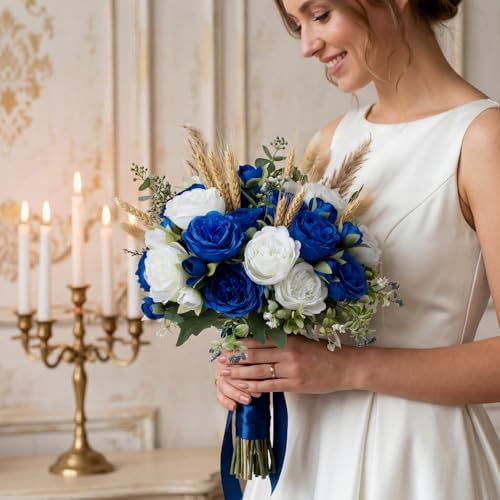Geosar 24 Bundles Artificial Peonies Flowers,Royal Blue,White - Image 5