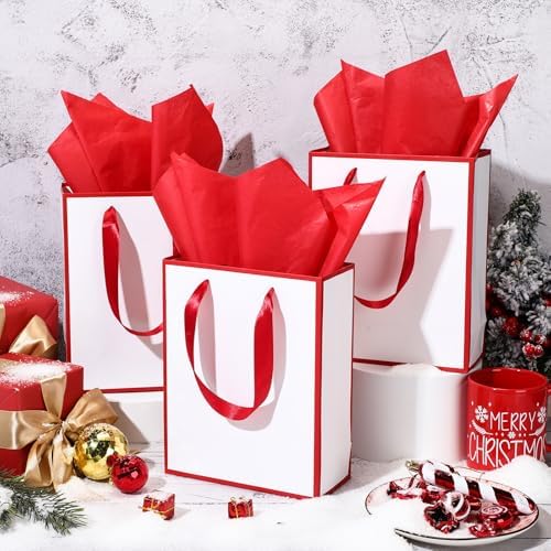 Yeaqee 50 Pcs Metallic Paepr Gift Bags Bulk with Handles,White Red - Image 5