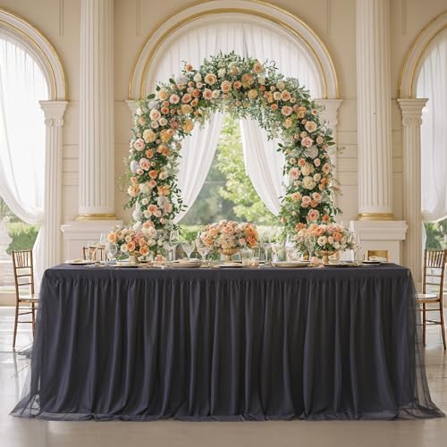 Black Tulle Tablecloths for 6 Foot Rectangular Tables 6ft Black Table Cloth Rectangle Wrinkle Free Stretch Spandex Table Cover with Tutu Skirt for Wedding Birthday Party Banquet Buffet Tradeshow - Image 2