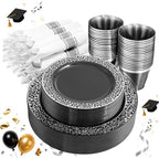 NOCCUR 210PCS Black and Silver Dinnerware Set for 30 Guests - Black Plastic Plates with Silver Rim Include 30 Dinner / 30 Dessert Plates, 30 Prewrapped Silverware, 30 Cups Ideal for Party/Graduation by NOCCUR