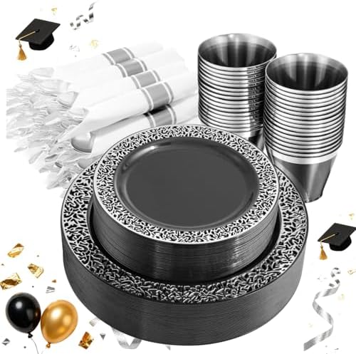 NOCCUR 210PCS Black and Silver Dinnerware Set for 30 Guests - Black Plastic Plates with Silver Rim Include 30 Dinner / 30 Dessert Plates, 30 Prewrapped Silverware, 30 Cups Ideal for Party/Graduation by NOCCUR
