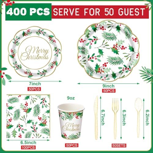 Pickmesh 400 Pcs Christmas Party Supplies Paper Plates and Napkins Serve 50 - Image 3
