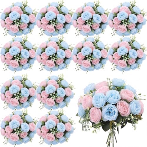Geosar 24 Bundles Artificial Peonies Flowers,Light Pink,Light Blue by Geosar
