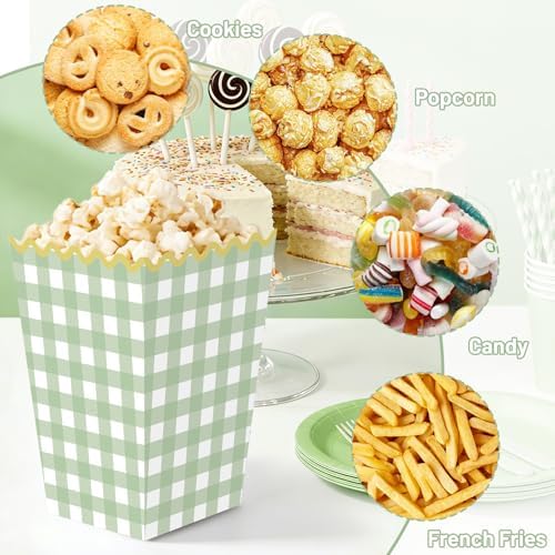 Kuabiz 60 Pcs Green Gingham Popcorn Boxes with Scalloped Sage Green Checkered Paper Candy Boxes Disposable Gingham Popcorn Bowls Cookie Containers for Movie Night Bridal Baby Shower Party Supplies - Image 4