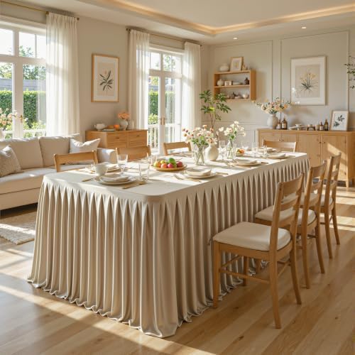 Champagne Gold Satin Tablecloths Rectangle 8FT, 2 Pack Glitter Fitted Stretch Table Covers Wrinkle-Resistant Floor Length Pleated Table Skirt for Weddings Parties Baby Shower Banquets Vendor Events - Image 2