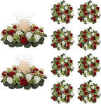 NUPTIO Flower Wedding Centerpieces for Tables - 10 Pcs 14 inch Diam Large Crimson & White Artificial Flowers Fake Roses Candle Rings Wreaths Spring Summer Wreath for Front Door Weddings Party Decor by Nuptio