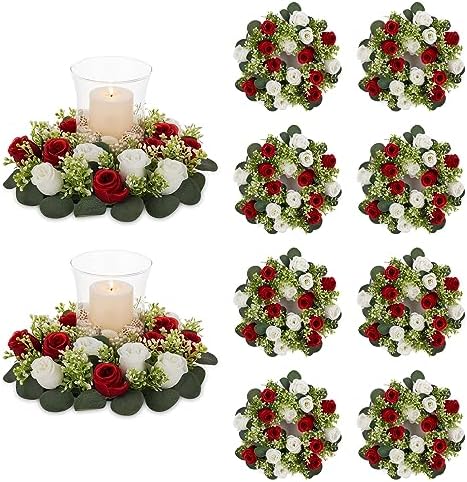 NUPTIO Flower Wedding Centerpieces for Tables - 10 Pcs 14 inch Diam Large Crimson & White Artificial Flowers Fake Roses Candle Rings Wreaths Spring Summer Wreath for Front Door Weddings Party Decor by Nuptio