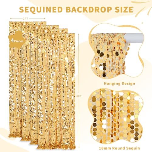 Big Payette Gold Sequin Backdrop Curtain 4 Panels 2ftx8ft Glitter Sparkly Party Background Drapes for Wedding Birthday Baby Shower Event Decoration - Image 2