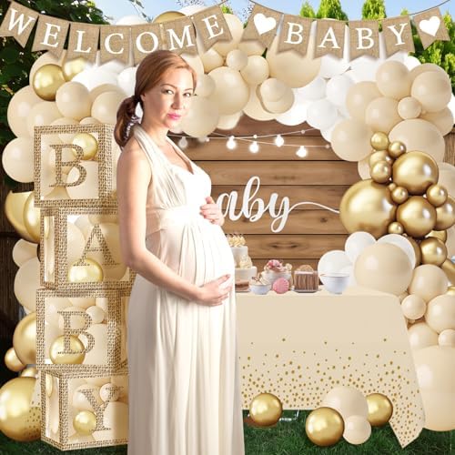 Boho Baby Shower Decorations - BOHO Balloon Garland Arch Kit, Rustic Farmhouse Style Transparent Baby Boxes with Letters, Welcome Baby Banner, Backdrop Tablecloth for Gender Reveal - Image 4
