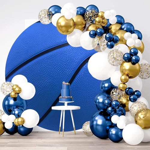 Blue Basketball Round Backdrop Cover Basketball Match Sports Theme Round Arch Backdrop Cover for Men Fans Kids Boys Baby Shower Birthday Party Decorations Photography Background 6ft - Image 2