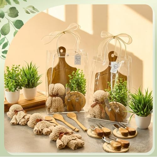 38Pcs Baby Shower Prizes for Game Winners Acacia Cheese Board Fork Butter Spreaders Coasters Towel Artificial Potted Plant Gift Bag for Baby Shower Bridal Shower Favors (4 Sets, Acacia Square Shaped) - Image 2