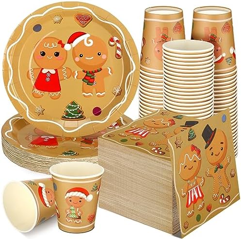 Skylety 200 Pcs Christmas Party Supplies Paper Plate, Serve 50, Gingerbread by Skylety