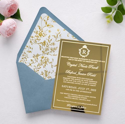 PONATIA A7 Euro Flap Gold Foil Liner Envelopes, Dusty Blue 5x7 Envelopes - Image 4
