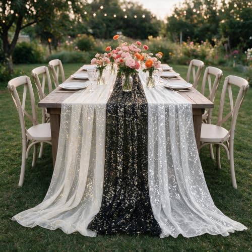 Artoid Mode 6PC Beige Black White Gauze Table Runner 120 Inch 10FT, Glitter Metallic Foil Sheer for Wedding Anniversary Holiday Birthday Home Party Decor - Image 4