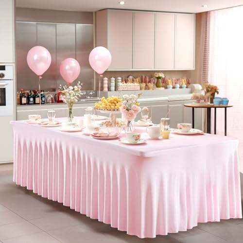 Wish Care 6 Pack Pink Spandex Table Clothes for 6 Foot Rectangle Tables, 6FT Wrinkle Free Fitted Tablecloths Ruffles Design Table Cover for Party, Banquet, Wedding and Events - Image 5