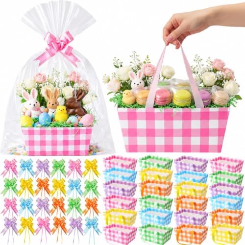 Funnymoom 24 Pcs Basket for Gifts Empty Pastel Plaid Gift Basket Empty to Fill with Handle, Transparent Bag and Bow for Summer Wedding Birthday Tea Party Favor Supply, 9.8x6.5'' by Funnymoom
