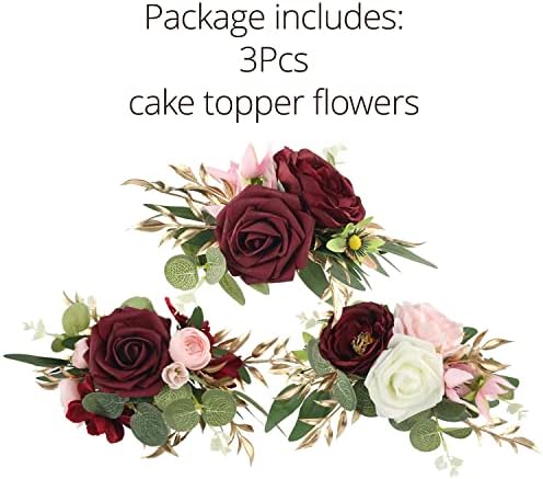 Rinlong 3Pcs Premade Cake Flowers, Burgundy Wedding Cake Decor - Image 5