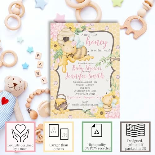 Amanda Creation Custom Honey Bee Baby Shower Invitations for Girls, Personalized Bumble Bee Invites, 20 Pack 5x7 Cards with White Envelopes - Image 2