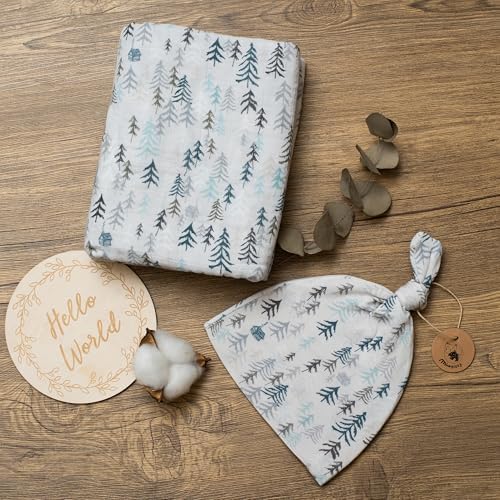 Miaoberry Forest Organic Muslin Swaddle Blankets for Baby Boy with Matching Hat and Wooden Hello World Newborn Sign | Newborn Photography Props | Birth Announcement Sign - Image 6