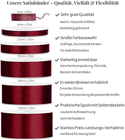 50 Metres Satin Ribbon Dark Red 3 mm Satin Ribbon Bordeaux Ribbon Dark Red Satin Decorative Ribbon Wine Red Gift Ribbon Christmas Decoration Gift Packaging Wedding Ribbon Wine Red - Image 5