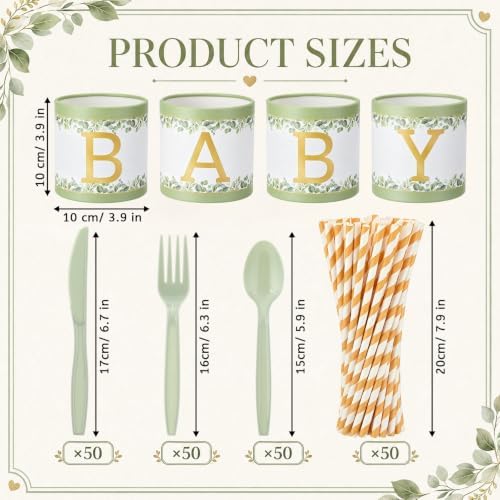 Domensi 204 Pcs Baby Shower Disposable Cutlery Set Utensil Holders, Green - Image 2