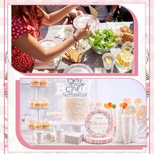 Hushee 200 Pcs a New Silly Goose Baby Shower Party Plates Cup Napkin, Pink - Image 6