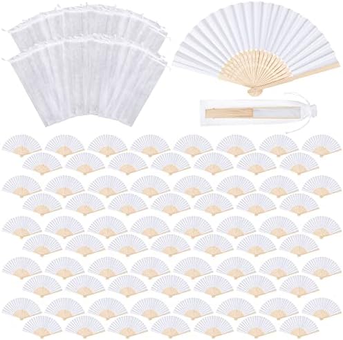 MCEAST 80 Pieces White Folding Paper Fans Wedding Fans Handheld Paper Fan White Bamboo Hand Fan Foldable Cool Favors with 80 Organza Bag for DIY Decor Wedding Party Favors Summer Guest by MCEAST