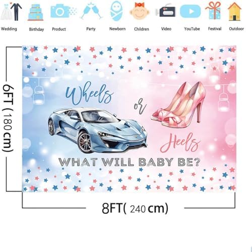 MEHOFOND 8x6ft Wheels or Heels Gender Reveal Backdrop Boy or Girl What Will Baby Be Decorations Banner Cars and High Heels Gender Reveal Baby Shower Photography Background Cake Table Supplies - Image 4