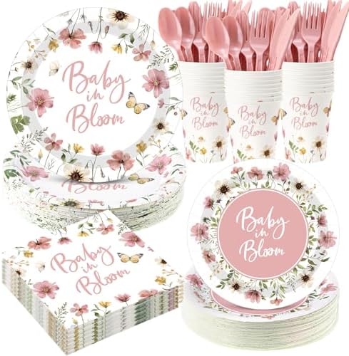 Funnymoom 400 Pcs Baby in Bloom Party Supplies for 50 Guests Pink Floral Baby Shower Paper Plates and Napkins Knives Spoon Fork Cup Disposable Wildflower Dinner Party for Spring Greenery Favor by Funnymoom