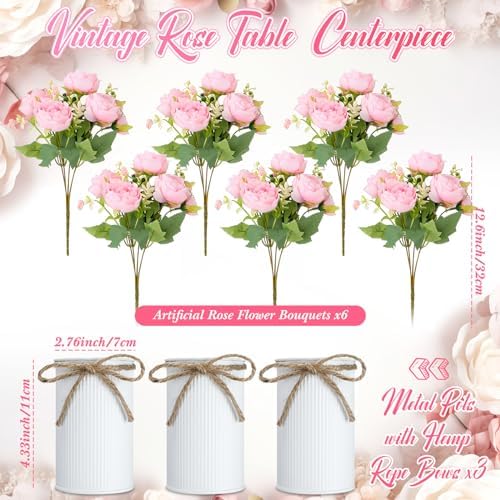 3 Sets Artificial Peonies Flower Peony Bouquet with Galvanized Metal Pot Silk Fake Peonies Faux Flower Arrangements for Wedding Table Centerpiece Party Home Room (Pink) - Image 2