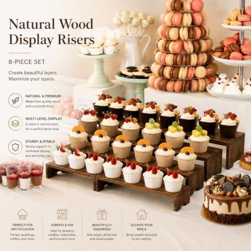 Yikaroeli Large Display Wood Risers Wooden Display Stand Tiered Wood Racks Decorative Rectangular, 4 Set 16 Pieces Cupcake Stands Cake Cologne Perfume Organizer (Large/4Pack Brown) - Image 2