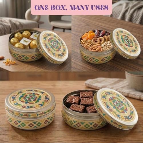LOVENSPIRE Meenakari Stainless Steel Storage Box with Lid (500gm) Decorative Round Indian Food Container for Sweets, Kitchen Items & Return Gift Favors Pack of 4 - Image 6